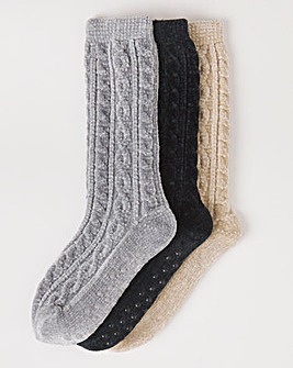 3 Pair Pack Thermal Cable Knit Fleece Slipper Socks - Black/Beige/Grey