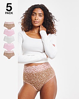 Pretty Secrets 5 Pack Lace Top Full Brief Knickers Animal Print