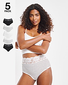 Pretty Secrets 5 Pack Lace Top Full Brief Knickers Mono Stripe