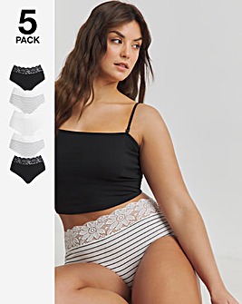 Pretty Secrets 5 Pack Lace Top Full Brief Knickers Mono Stripe