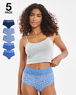 5 Pack Lace Top Full Brief Knickers - Butterfly/Blue