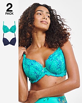 Pretty Secrets 2 Pack Ella Lace Padded Plunge Wired Bras B-F Aqua/Blue