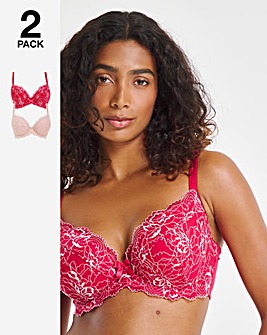 Pretty Secrets 2 Pack Ella Lace Padded Plunge Wired Bras B-F Pink Multi