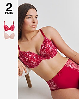 Pretty Secrets 2 Pack Ella Lace Padded Plunge Wired Bras B-F Pink Multi