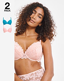 2 Pack Daisy Lace Plunge Bras B-F - Blue/Pink