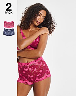 Pretty Secrets 2 Pack Grace Lace Short Brief Knickers Raspberry/Navy