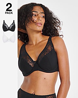 Pretty Secrets 2 Pack Cotton Lace Wired Full Cup Bras B-G White/Black