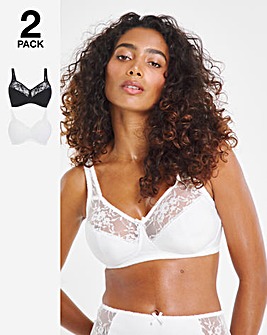 Pretty Secrets 2 Pack Cotton Lace Non Wired Full Cup Bras B-G White/Black