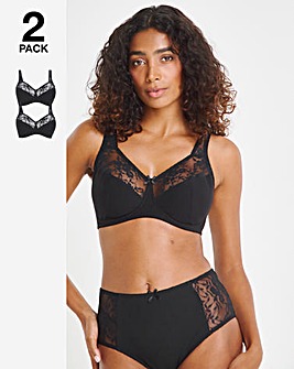 Pretty Secrets 2 Pack Cotton Lace Non Wired Full Cup Bras B-G Black