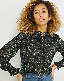Blue Floral Long Sleeve Shirred Yoke And Cuff Top