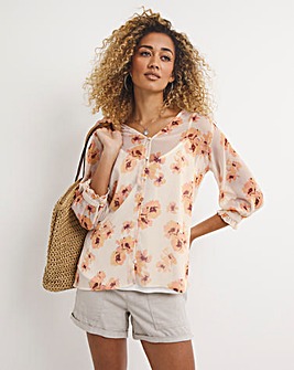 Yellow Floral Three Quarter Sleeve Sheer Button Front Tea Blouse With Cami