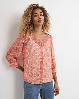 Red Floral Three Quarter Sleeve Sheer Button Front Tea Blouse With Cami
