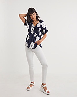 White Floral Short Sleeve Shirred Bodice Top