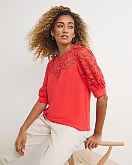 Coral Short Sleeve Lace Detail Top