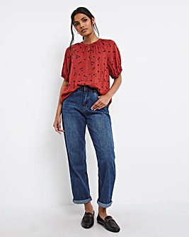 Spot Print Short Sleeve Collarless Blouse