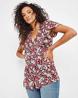 Red Ditsy Floral Frill Sleeve Button Front Blouse
