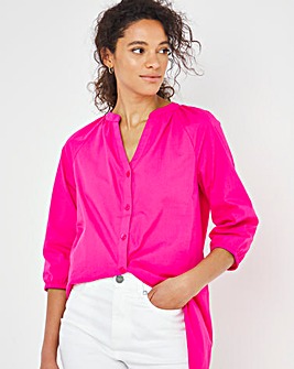 Pink Cotton Poplin Button Front Raglan Sleeve Top