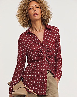 Geo Print Long Sleeve Ruched Placket Shirt