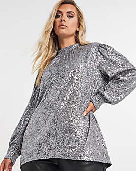 Silver Volume Sleeve Sequin Blouse