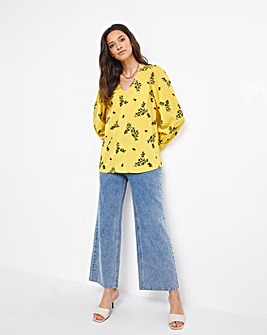 Yellow Floral V Neck Deep Cuff Long Sleeve Top
