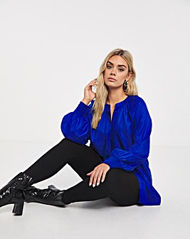 Blue Long Sleeved Viscose Collarless Blouse With Shirred Cuffs