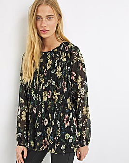 Black Floral Pleated Long Sleeve Blouse