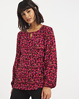 Red Floral Wrap Front Button Neck Top