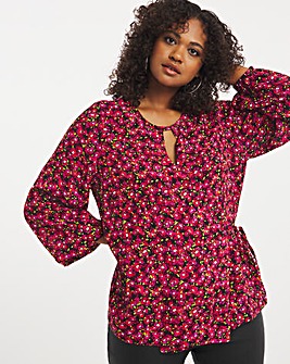 Red Floral Wrap Front Button Neck Top