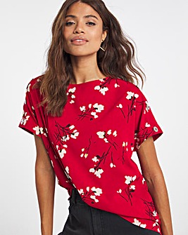Red Floral Regular Length Button Detail Boxy Top