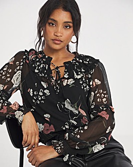 Floral Print Pleated Ruffle Neck Blouse With Cami