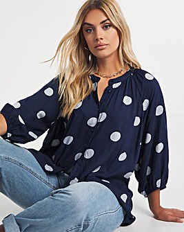 Navy Spot Viscose Collarless Blouse with Three Quarter Sleeves