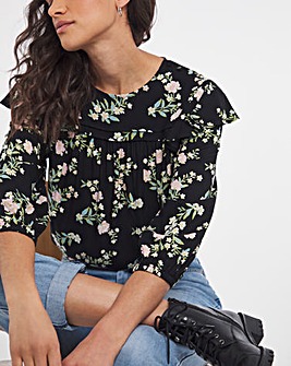 Black Floral Ruffle Detail Volume Sleeve Top With Shoulder Buttons