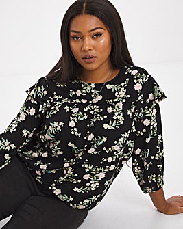 Black Floral Ruffle Detail Volume Sleeve Top With Shoulder Buttons