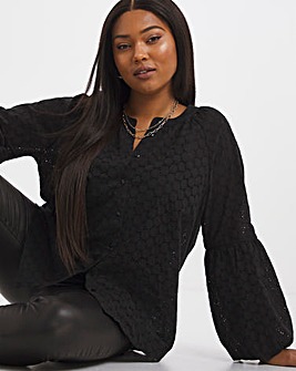 Black Broderie Collarless Blouse With Volume Cuff