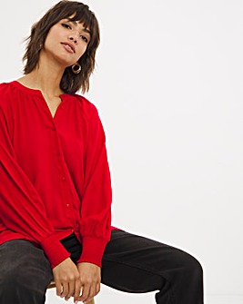 Red Collarless Viscose Blouse With Shirred Cuffs