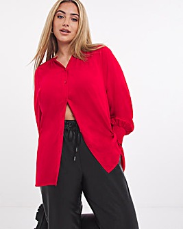 Red Collarless Viscose Blouse With Shirred Cuffs