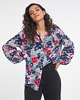 Multi Floral Viscose Collarless Blouse With Volume Cuffs