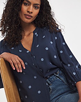 Blue Spot Shirred Shoulder Three Quarter Collarless blouse