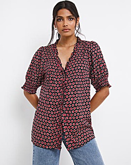 Red Geo Print Short Sleeve Frill Trim Top