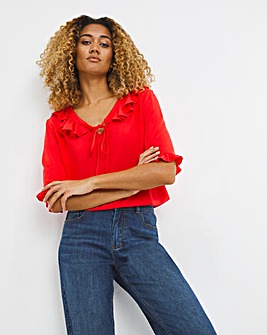 Red Frill Detail Short Sleeve Top