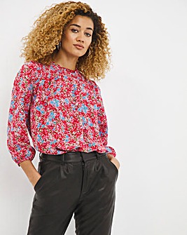 Red Ditsy Floral Three Quarter Length Sleeve Shirred Yoke Top