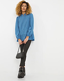 Blue Long Sleeve Textured Zip Front Blouse