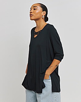 Black 3/4 Sleeve Criss Cross Longline Top