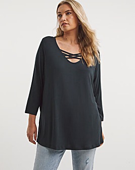 Black 3/4 Sleeve Criss Cross Longline Top