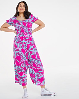 Tropical Print Shirred Slouchy Wide Leg Cropped Jumpsuit