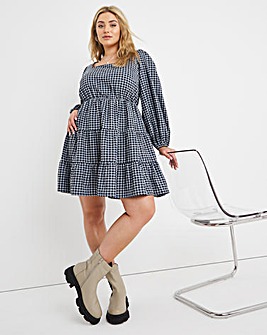 Blue Check Square Neck Tiered Smock Dress