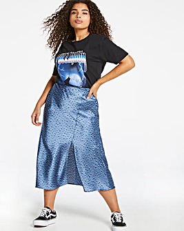 Blue Animal Satin Slip Midi Skirt with Side Split