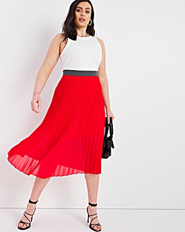 Red Pleated Midi Skirt with Gingham Waistband