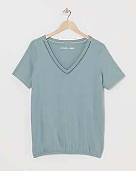 Sage Crochet Trim V Neck Bubble Hem Top