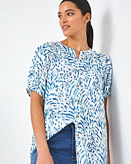 Blue Print Short Sleeve Viscose Collarless Blouse With Mock Horn Buttons